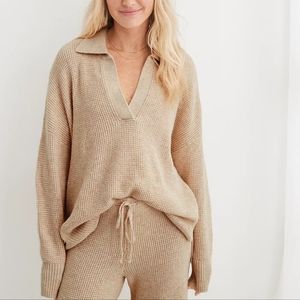 NWT Aerie CozyUp Waffle Polo Sweater Size M Heather Fawn